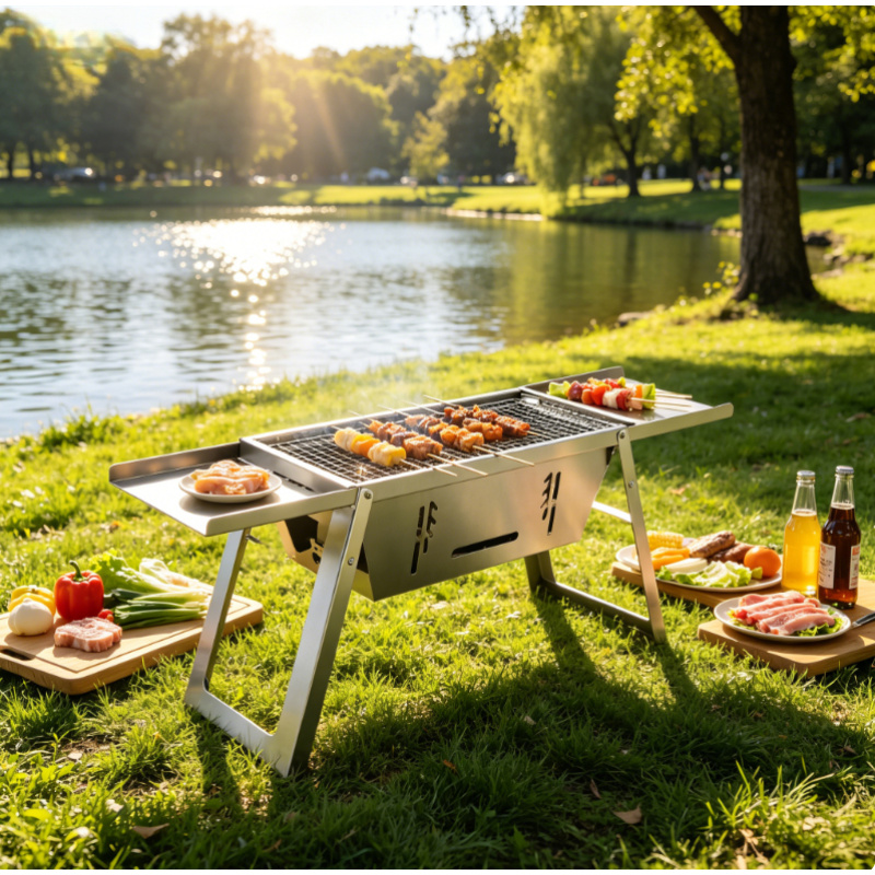Camping Cooking Set Compact - Pemanggang BBQ Portabel Baja Tahan Karat