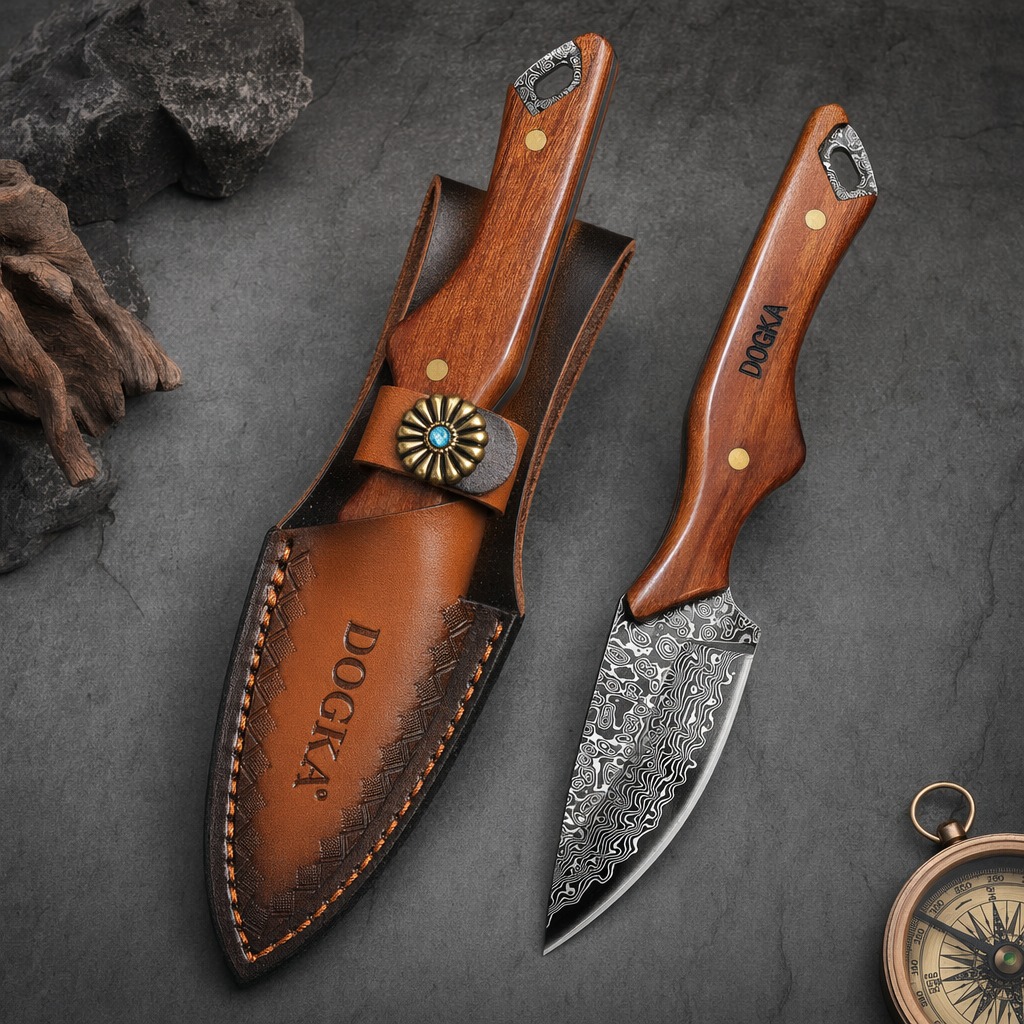 Camping Cooking Knife With Sheath - Pisau Dapur Baja Damaskus Gagang Kayu